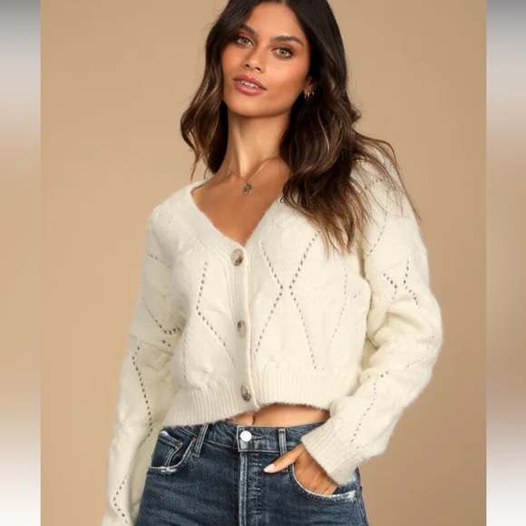 Lulu’s | Straight to the Point Cream Pointelle Knit Cardigan Sweater | small - Picture 2 of 13